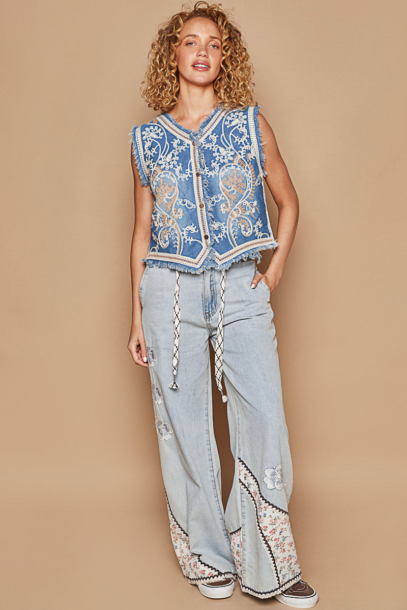 Western Embroidered Frayed Edge Denim Vest Top - POL - RARA Boutique 