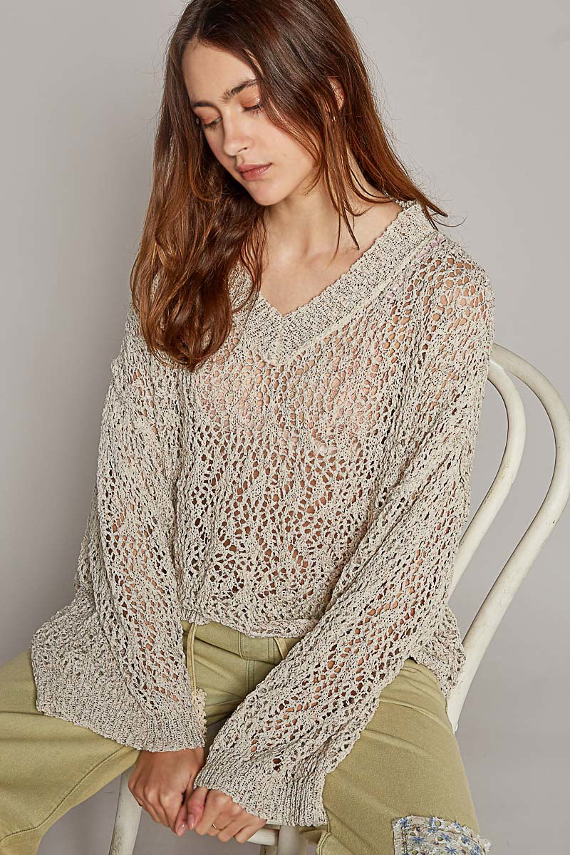 Ribbed Hem V-Neck Wide Sleeve Crochet Sweater - POL - RARA Boutique 