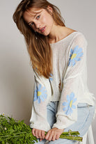 Long Sleeve Distressed Flower Print Knit Top - POL - RARA Boutique 