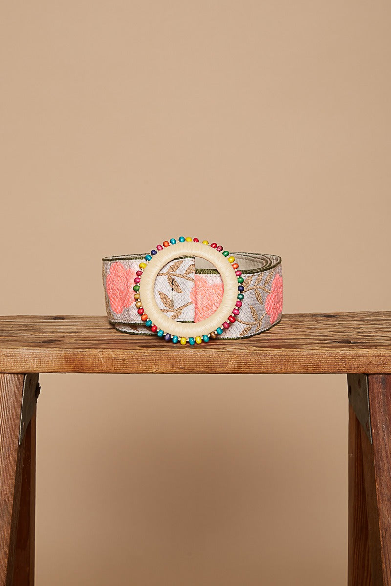 Floral Woven Belt with Multicolored Beaded Buckle - POL - RARA Boutique 