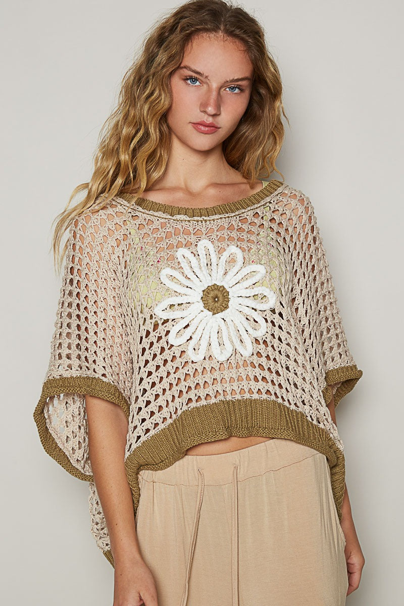 RARA Boutique Daisy Flower open-knit crochet sweater in soft yarn with floral design, lightweight and stylish for spring.