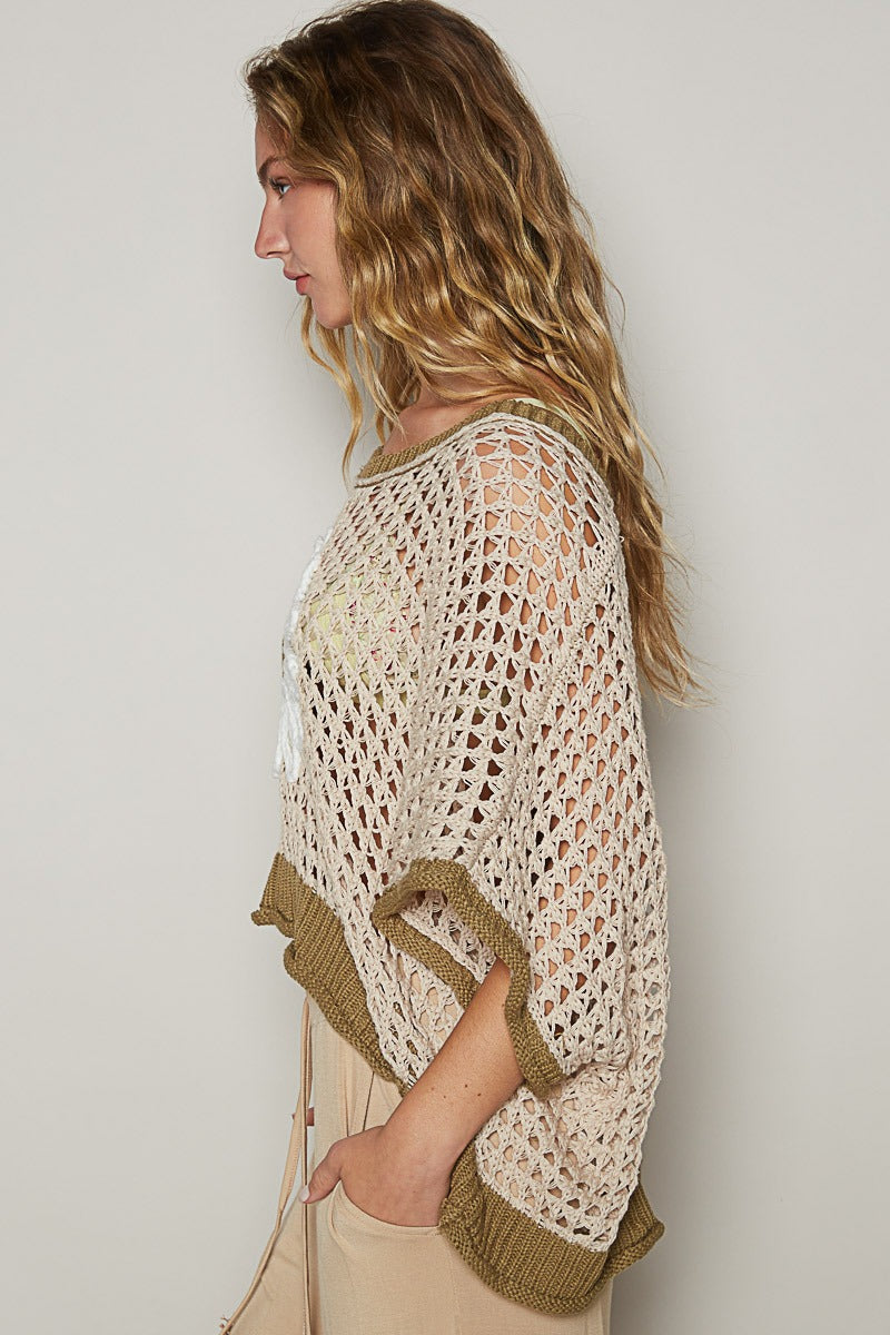RARA Boutique Daisy Flower open knit crochet sweater in soft yarn, featuring floral patterns and a cozy, breathable design.