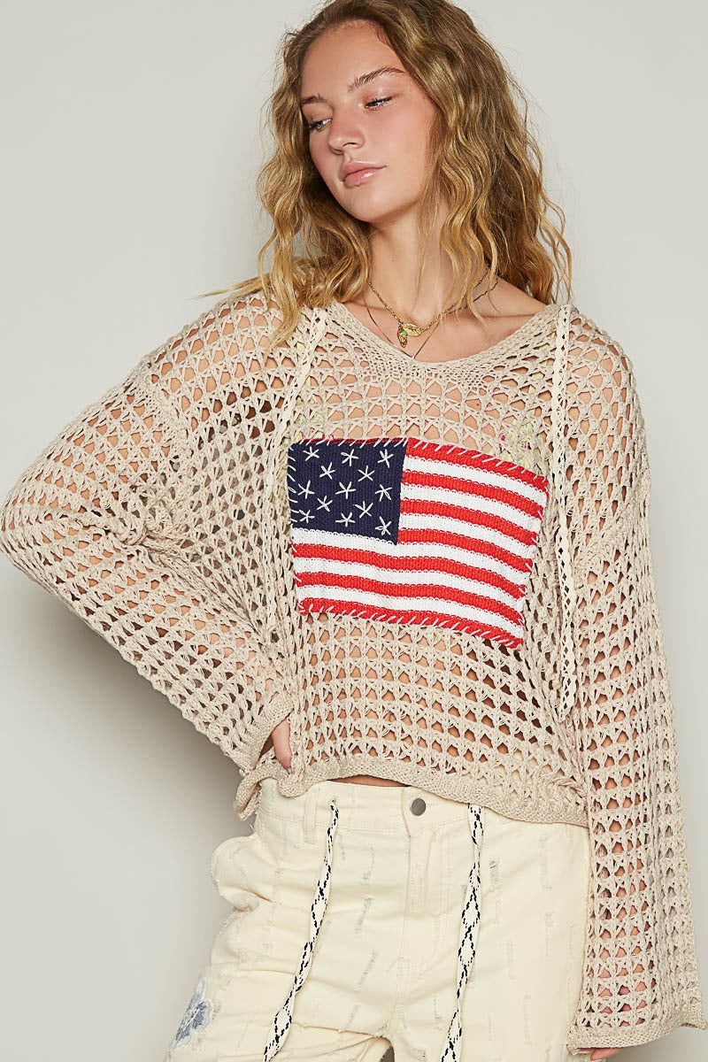 American Flag Open Knit Crochet Sweater Top - POL - RARA Boutique 