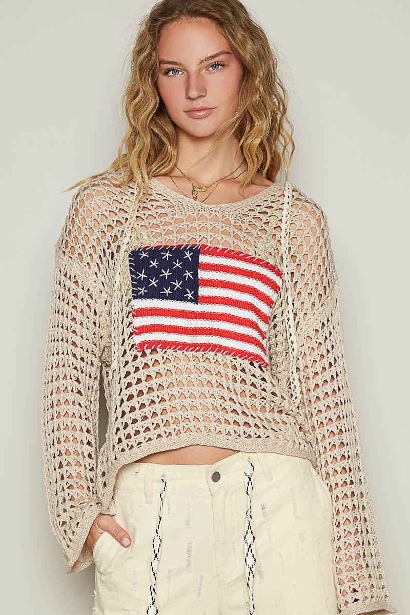 American Flag Open Knit Crochet Sweater Top - POL - RARA Boutique 