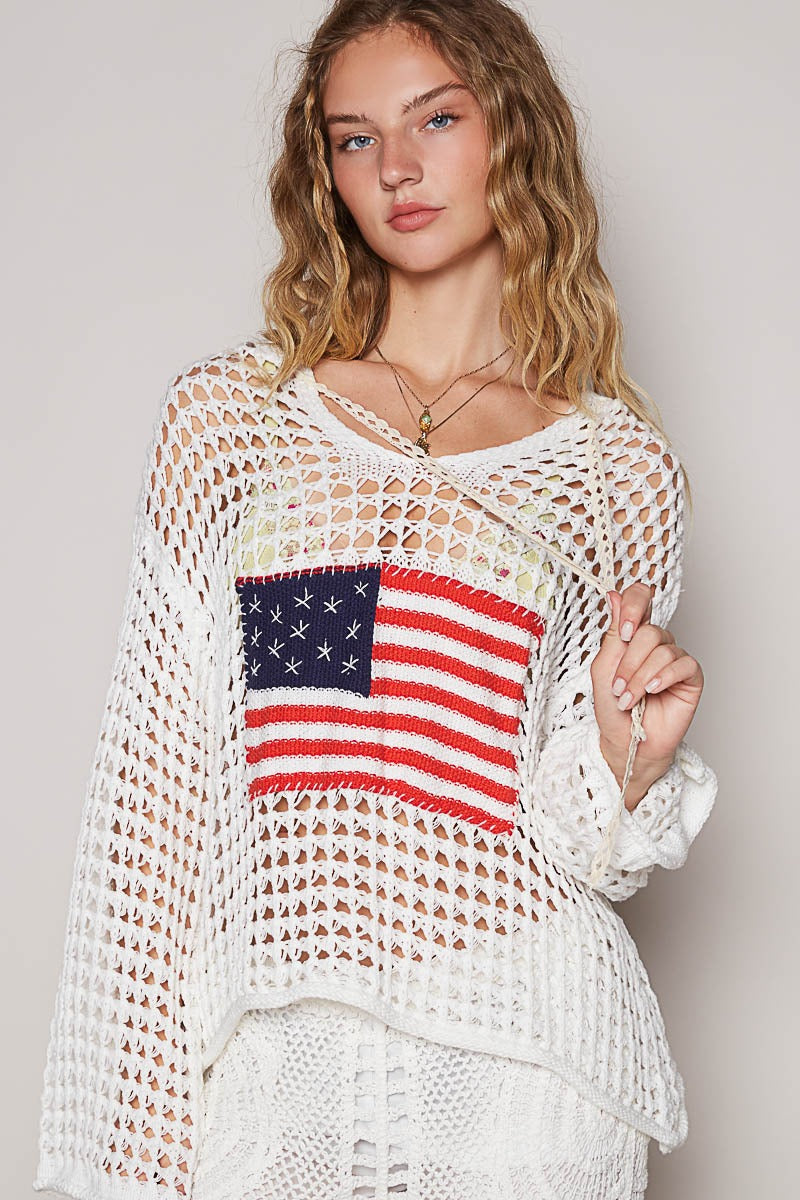 American Flag Open Knit Crochet Sweater Top - POL - RARA Boutique 