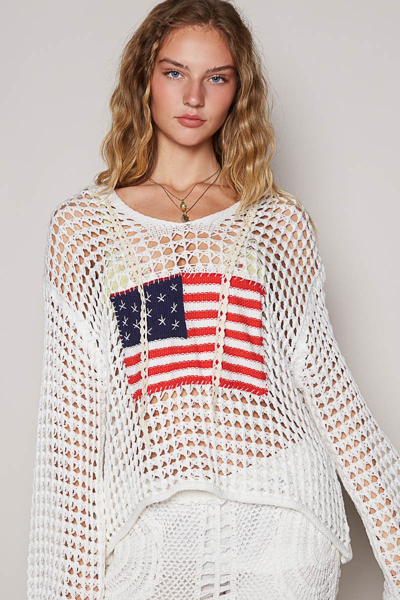 American Flag Open Knit Crochet Sweater Top - POL - RARA Boutique 