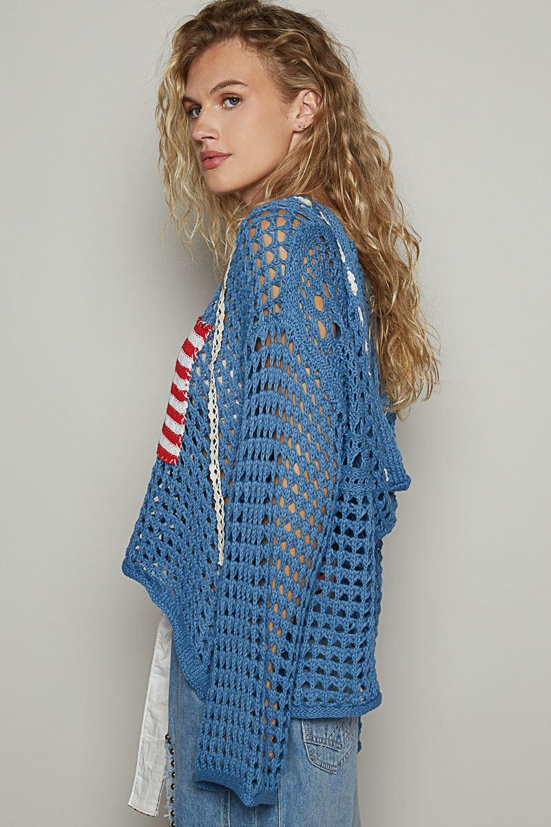 Ameri　CROCHET LONG KNIT Xsylife Womens American Flag Sweater Crochet Tops 4th Of