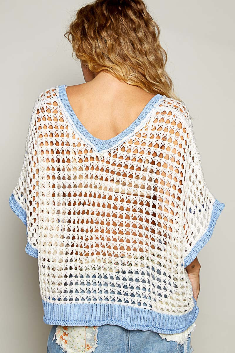 RARA Boutique Daisy Flower open knit crochet sweater in soft fabric, featuring floral design and casual style.