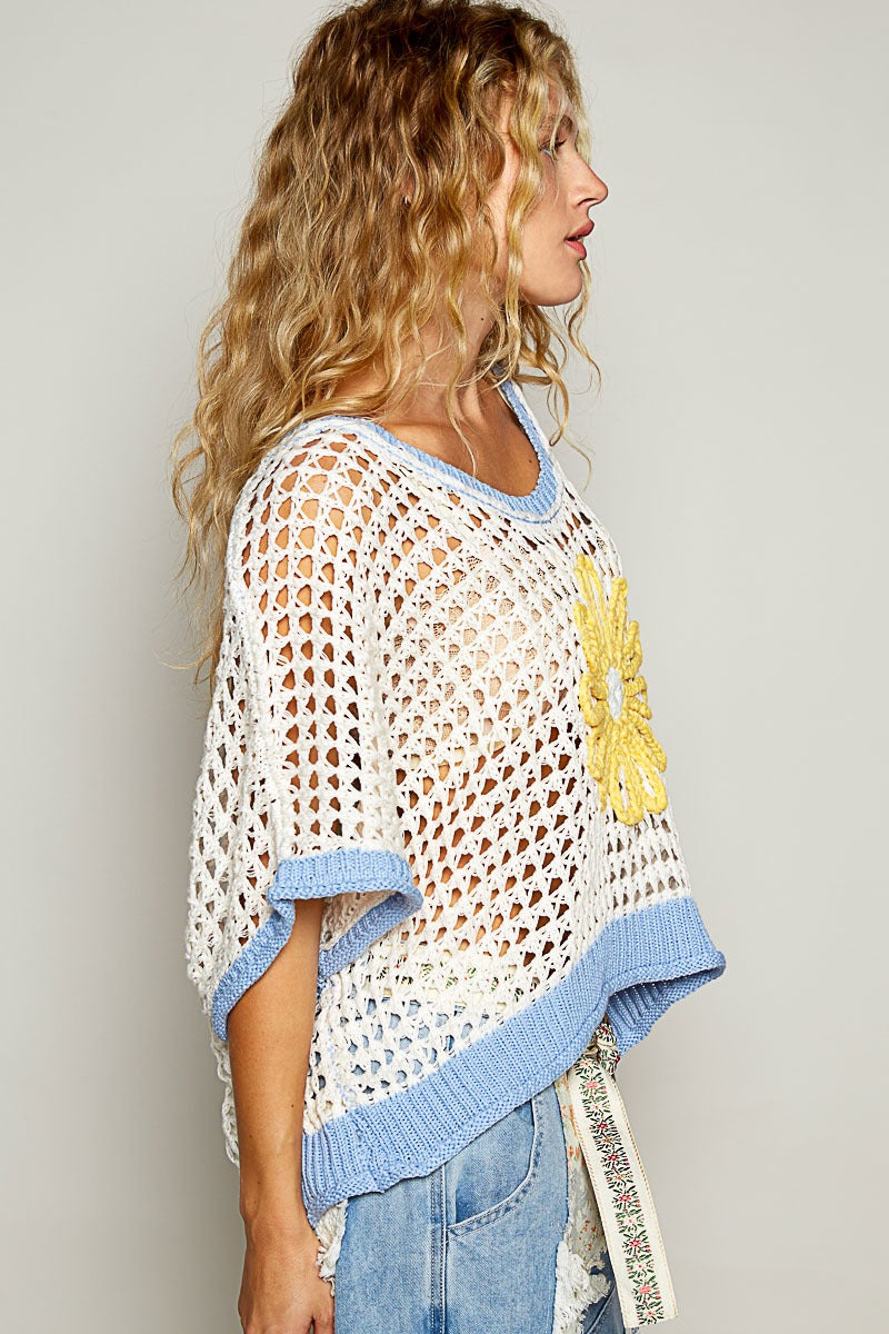RARA Boutique Daisy Flower open-knit crochet sweater with floral pattern, lightweight and stylish for spring and summer.