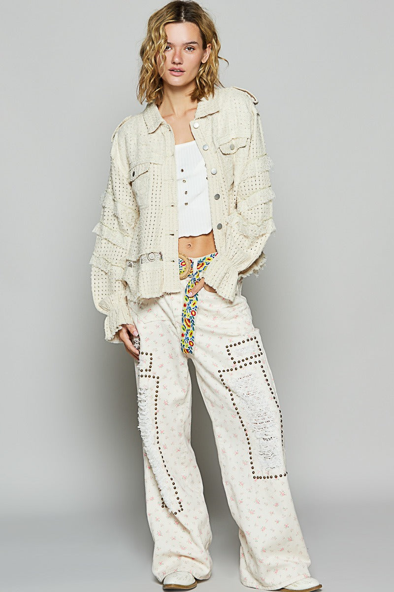 RARA Boutique lace ruffle raw hem twill shacket, stylish jacket featuring lace details and distressed raw hem, perfect for casual wear