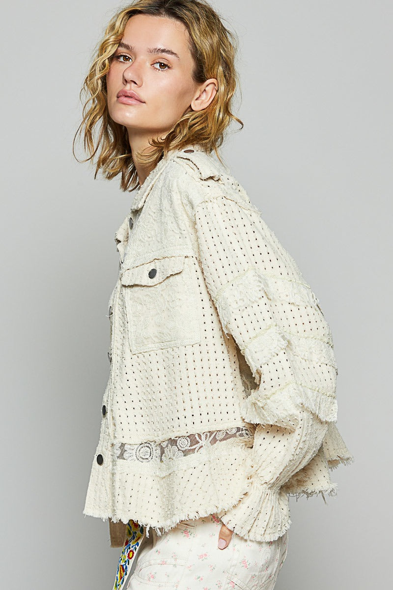 RARA Boutique lace ruffle raw hem twill shacket jacket with button closure and ruffled detailing, styled for casual wear.
