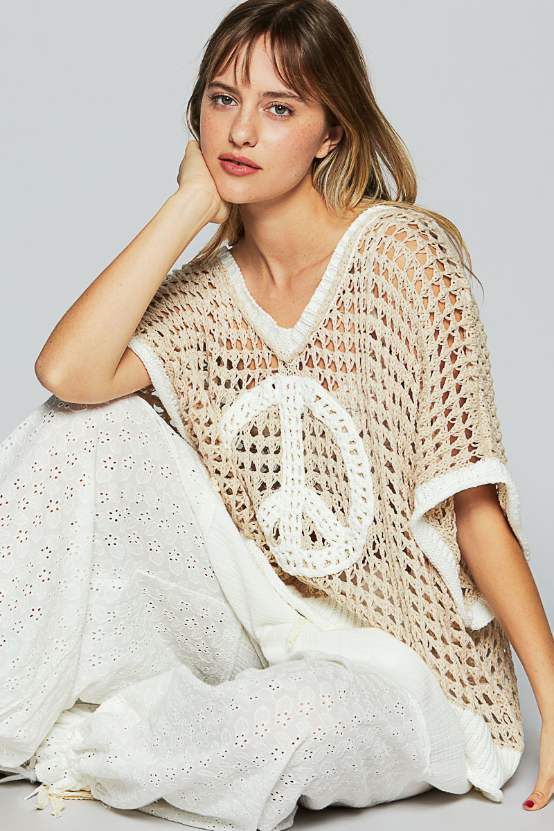 Open Crochet Oversized Peace Sign Sweater - POL - RARA Boutique 