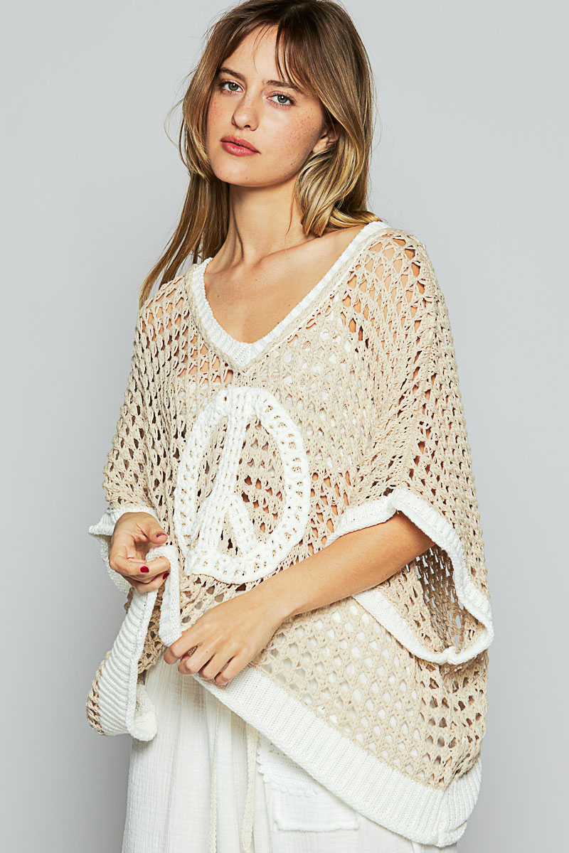 Open Crochet Oversized Peace Sign Sweater - POL - RARA Boutique 