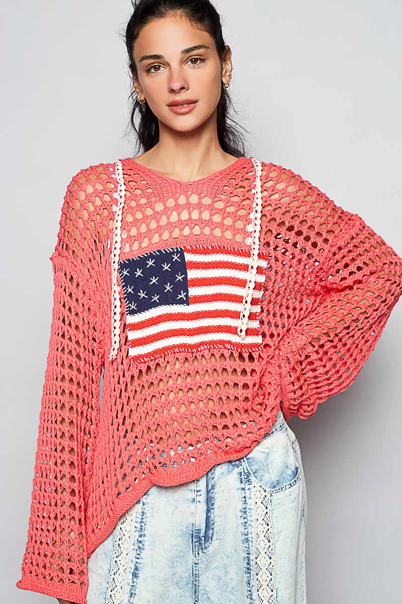 American Flag Open Knit Crochet Sweater Top - POL - RARA Boutique 