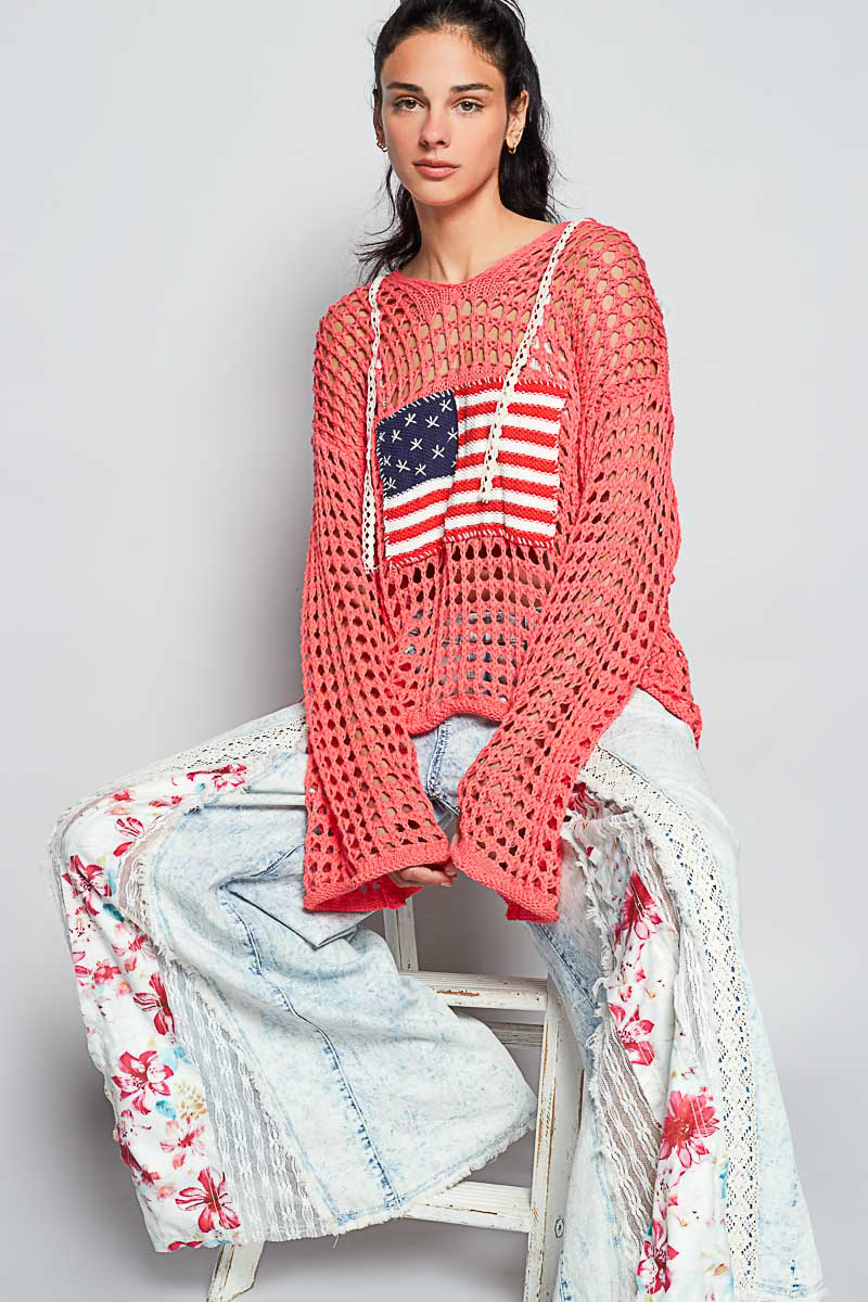 American Flag Open Knit Crochet Sweater Top - POL - RARA Boutique 