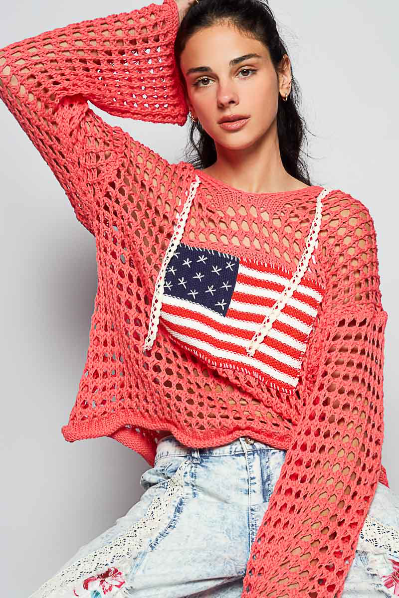 American Flag Open Knit Crochet Sweater Top - POL - RARA Boutique 