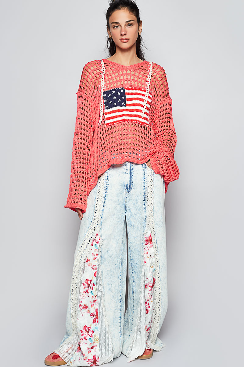 American Flag Open Knit Crochet Sweater Top - POL - RARA Boutique 