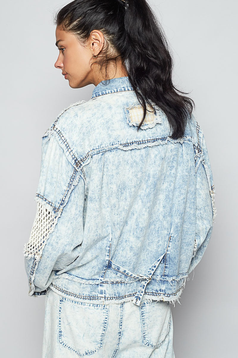 Crochet Sleeve Studded Acid Washed Denim Jacket - POL - RARA Boutique 