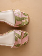 RARA Boutique Rose Garden floral espadrille wrap wedge sandal with woven jute sole and pink rose pattern for stylish summer wear.