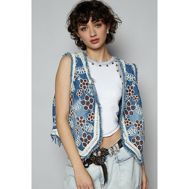 RARA Boutique embroidered floral frayed hem denim vest, stylish sleeveless jacket with floral embroidery and distressed edges.