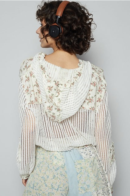 RARA Boutique floral patch open knit crochet hoodie jacket with colorful floral embroidery and lightweight design.