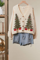 Mello Christmas Tree embroidered soft cardigan featuring festive holiday design and cozy knit texture.