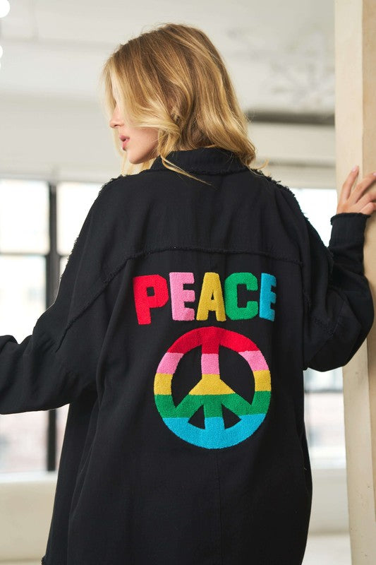 Multicolor Peace Sign Patch Letter Frayed Hem Shirt - RARA Boutique 