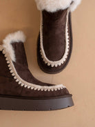 OASIS SOCIETY Joyce coffee winter boot with shearling trim, platform sole, and waterproof design for cold weather warmth and style.