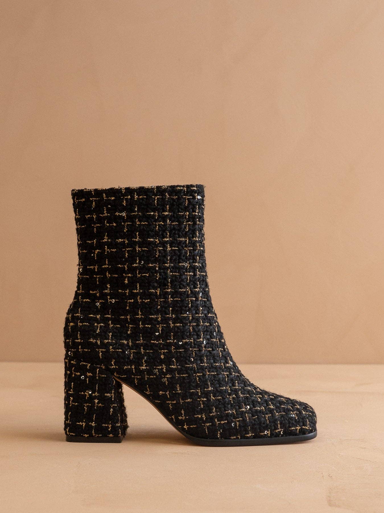 Black tweed woven block heel ankle fall boot from Oasis Society, The Demi, with stylish woven texture and sturdy heel.