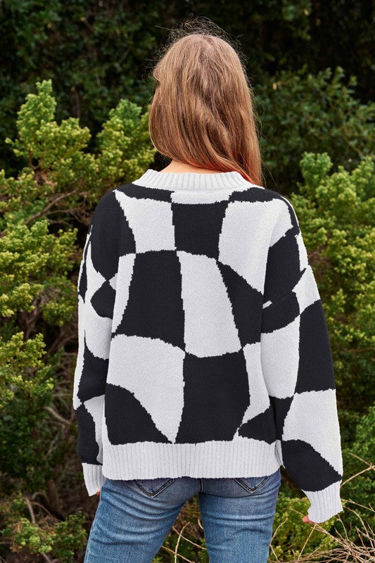 Wavy Checker Print Pullover Knit Sweater Top - RARA Boutique 