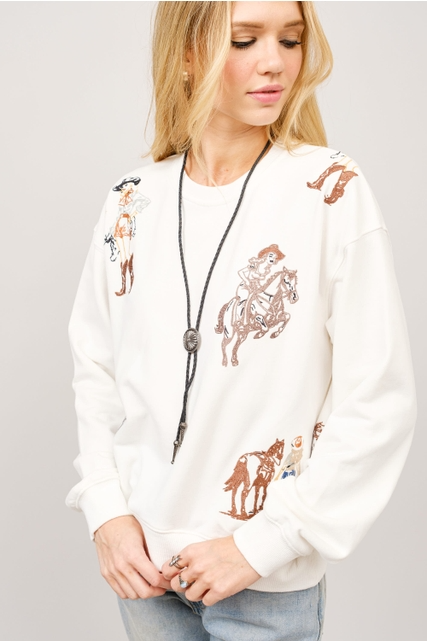 Embroidered Western Cowgirl Graphic Pullover Sweatshirt - Blue B - RARA Boutique 