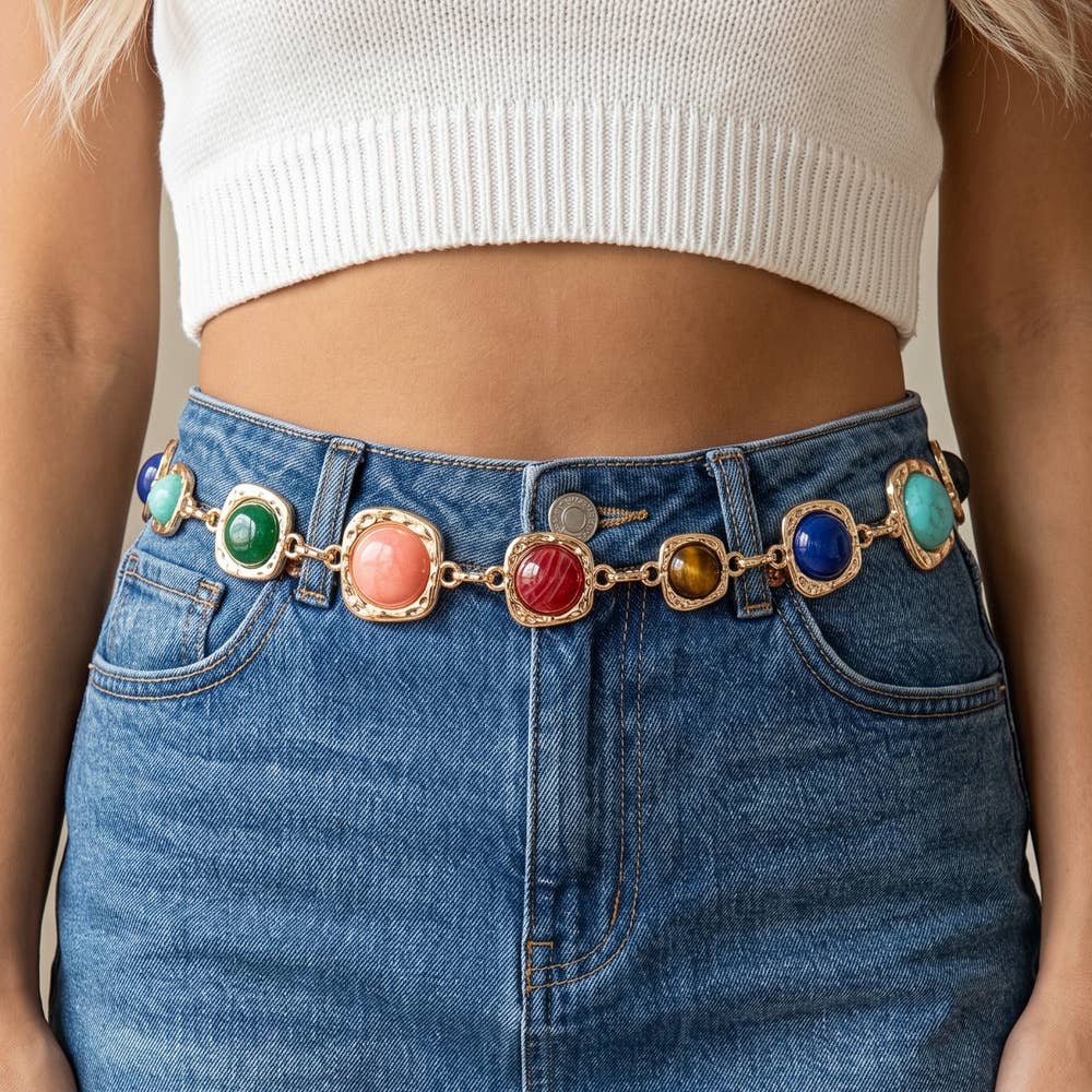 Gemstone cabochon station chain belt with colorful stones, designed by Collections by Fame Accessories, featuring a stylish accessory.