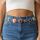 Gemstone cabochon station chain belt with colorful stones, designed by Collections by Fame Accessories, featuring a stylish accessory.