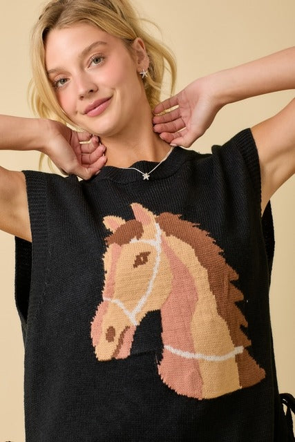 Western Horse Oversized Sleeveless Sweater Vest Top - Main Strip - RARA Boutique 
