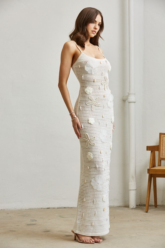 Pearls & Seashells Embellished Crochet Maxi Dress