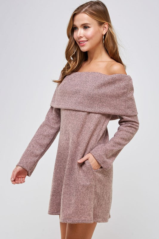 Two-Tone Off the Shoulder Knit Fold Over Sweater Dress with Pockets - RARA Boutique 