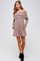 Two-Tone Off the Shoulder Knit Fold Over Sweater Dress with Pockets - RARA Boutique 