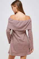 Two-Tone Off the Shoulder Knit Fold Over Sweater Dress with Pockets - RARA Boutique 