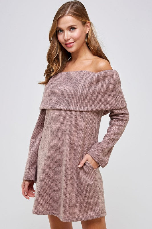 Two-Tone Off the Shoulder Knit Fold Over Sweater Dress with Pockets - RARA Boutique 