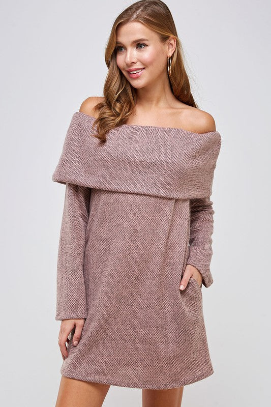 Two-Tone Off the Shoulder Knit Fold Over Sweater Dress with Pockets - RARA Boutique 