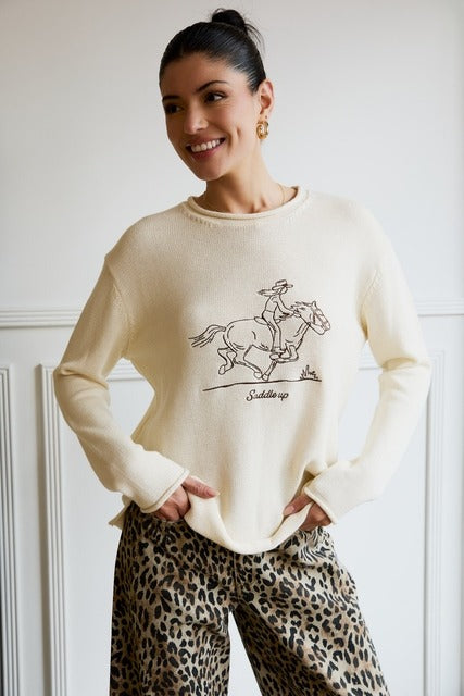 Western Embroidered Cowgirl Saddle Up Knit Sweater - Sunday Edition - RARA Boutique 