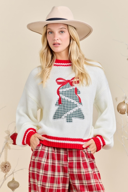Gingham Christmas Tree Patchwork Sweater with Embroidered Bow - Main Strip - RARA Boutique 