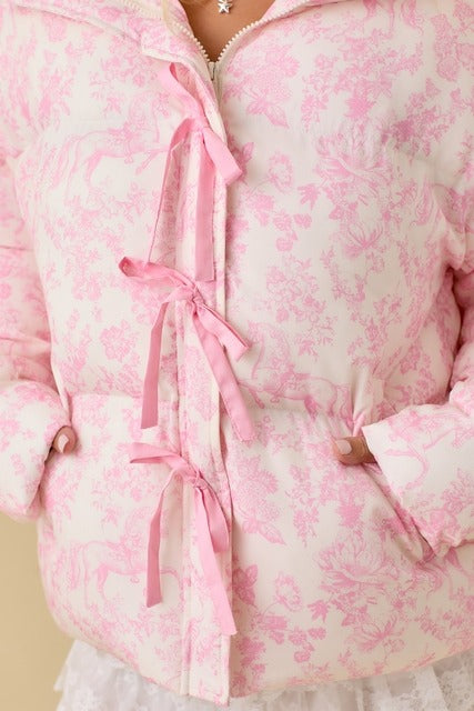 Vintage Horse Toile Print Puffer Jacket with Bows - Main Strip - RARA Boutique 