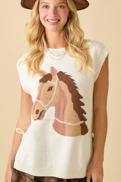 Western Horse Oversized Sleeveless Sweater Vest Top - Main Strip - RARA Boutique 