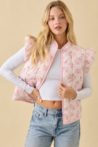 Floral Printed Ruffle Sleeve Quilted Puff Vest - Main Strip - RARA Boutique 
