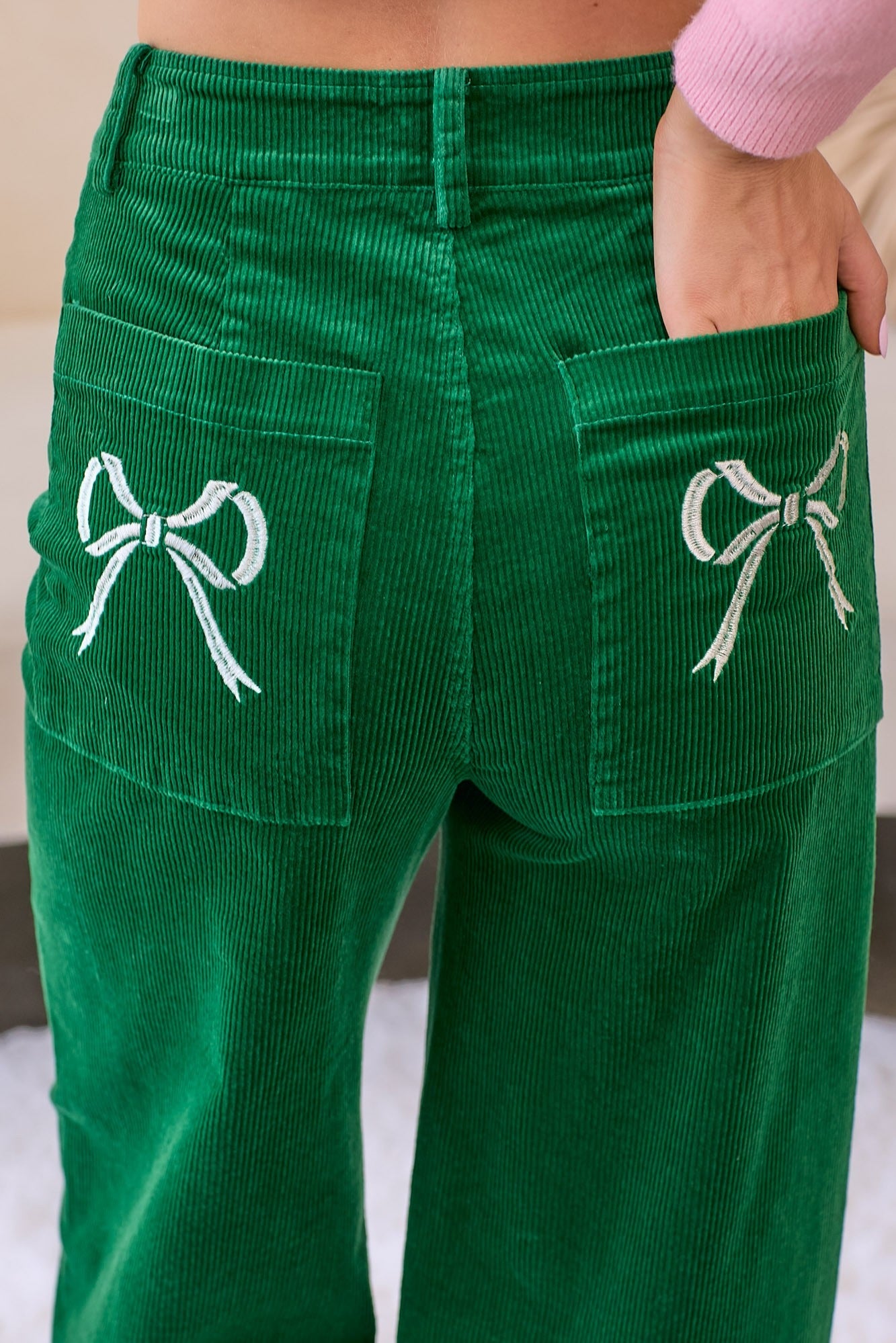 Corduroy Trouser Pants With Embroidered Ribbon Bow Pockets - Main Strip - RARA Boutique 