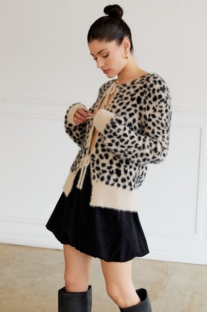 Front Tie Leopard Print Plush Knit Cardigan - Sunday Edition - RARA Boutique 