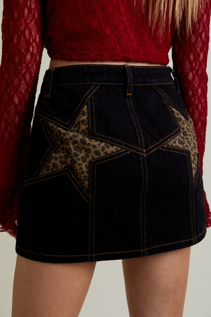 Leopard Print Star Back Denim Mini Skirt - Le Lis - RARA Boutique 