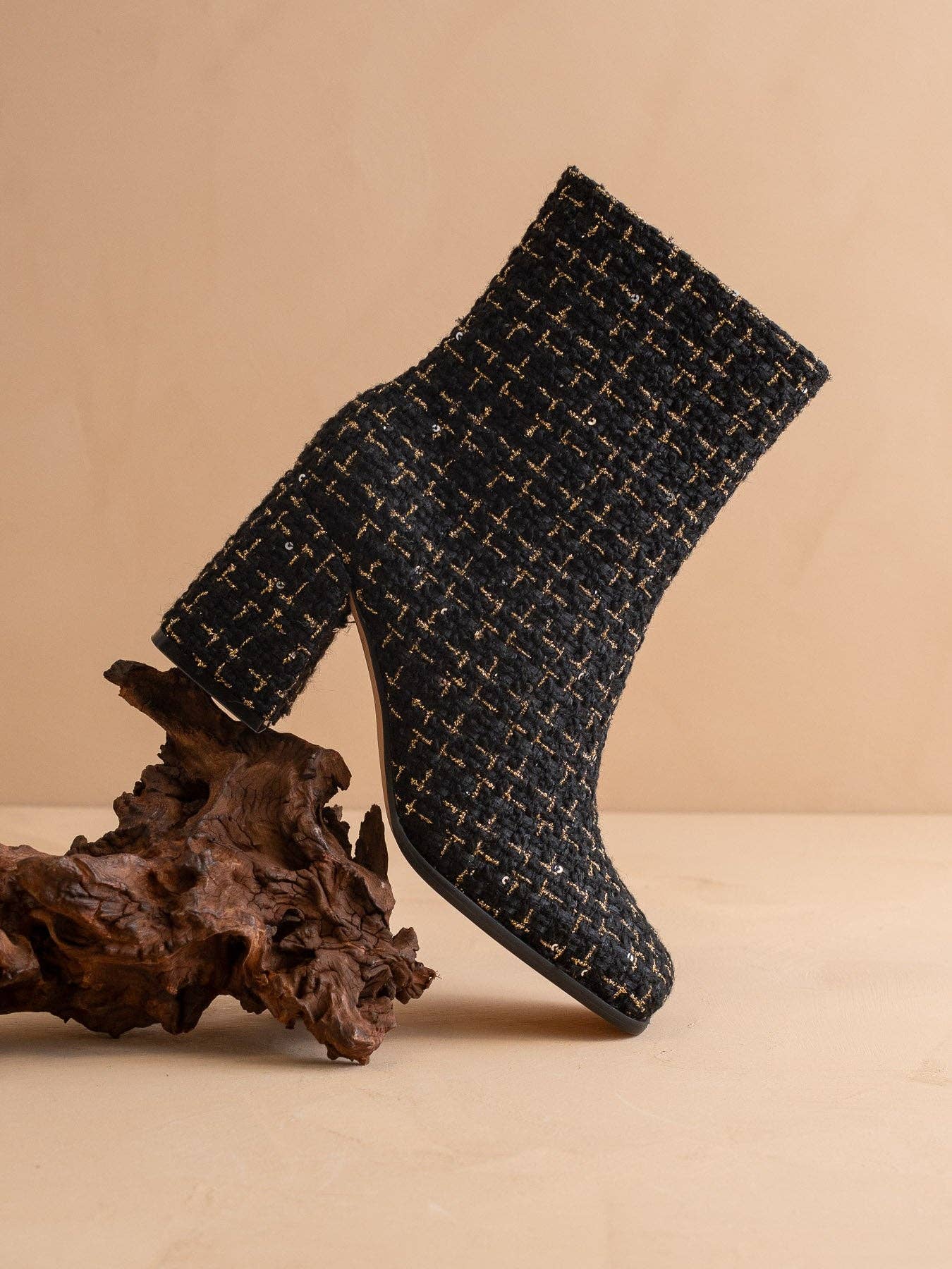 Black tweed woven block heel ankle boot from Oasis Society's The Demi collection, showcasing stylish fall footwear.