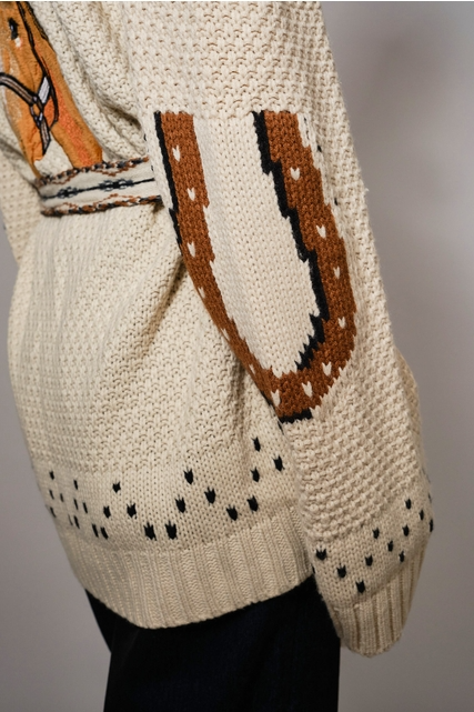 Western Horse & Horseshoe Belted Cardigan Sweater - Blue B - RARA Boutique 